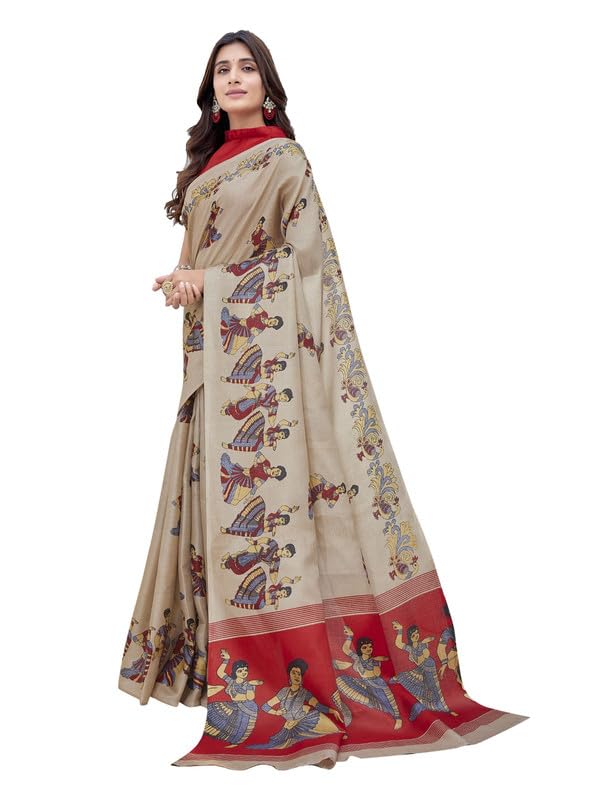 KjsWomen's Khaadhi Cotton Blended Kalamkari Printed Saree | Beautiful Blend of Tradition and Style | Printed Saree with Running Blouse | Kathak Chiku