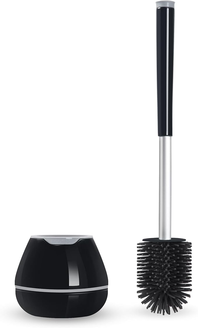 BOOMJOY Toilet Brush and Holder Set, Black Silicone Toilet Bowl Cleaner Brush, Toilet Scrubber Brush with Tweezers for Bathroom Cleaning, RV Accessories and House Organization Must-Haves