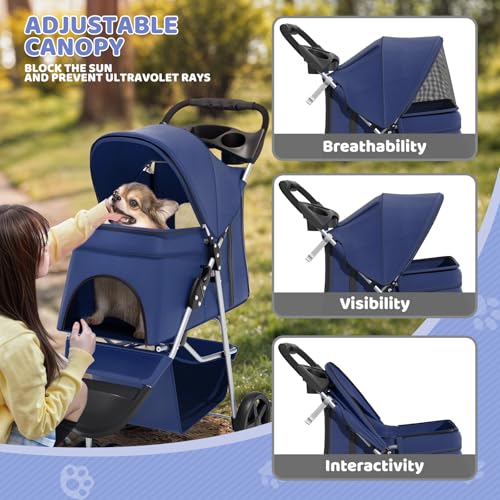 Image of Magshion 3-Wheel Pet Stroller, Foldable Travel Jogger for Small & Medium Dogs & Cats (Up to 33lbs), Lightweight Carrier with Breathable Mesh Cover, Cup Holder & Storage Basket, Navy Blue