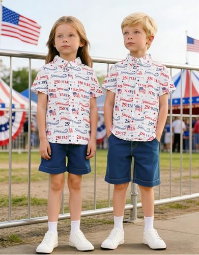 Image of 4th of July Shirts for Girls Boys American Patriotic Tshirt Kids Hawaiian Button Down Tops