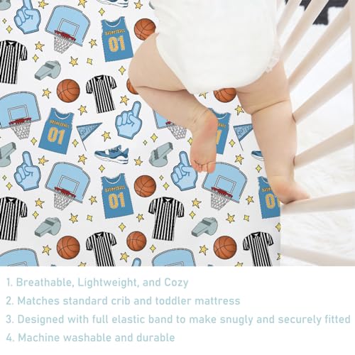Image of Funny Basketball Baby Crib Sheet 52''x28'' Basketball Sports Snug Fitted Crib Mattress Cover for Boy Girl Basketball Balls Hoop Uniform Soft Nursery Baby Sheets for Standard Crib Toddler Mattress