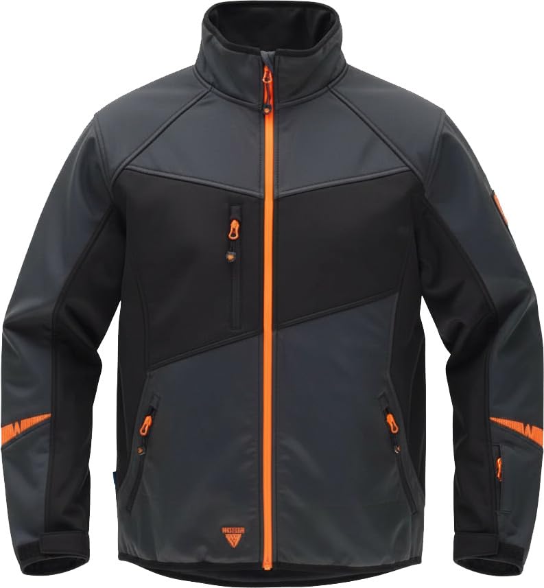 WORKTEAM Chaqueta Workshell Hombre, Corta Vientos, Repelente al Agua y Resistente al Desgarro, Interior Térmico Transpirable con Bolsillos Cremallera, Softshell Gris oscuro+Negro+Naranja L