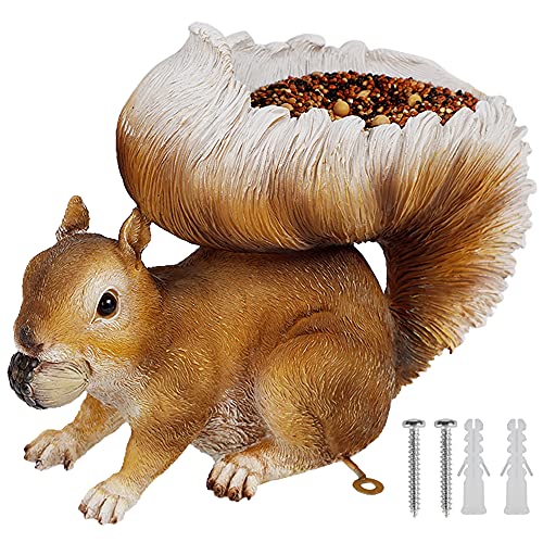 Juegoal Squirrel Bird Feeder Outdoor, 3.5 oz Capacity Brown Resin Chipmunk Garden Statues, Sculpture Wild Seed Birdfeeder for Outside Woodland Squirrels and Other Animals, Whimsical Garden Decorations