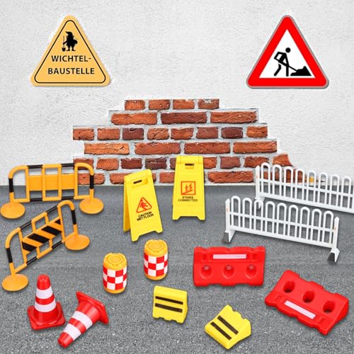 28pcs Accessoires de Lutin pour Chantier de Construction, Ensemble de Boîte à Outils Miniature, Mini Panneau Signalisation, Panneau de Signalisation Routière Jouet