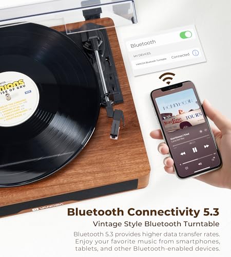 Image of Vangoa Vinyl Record Player with Bookshelf Speakers Bluetooth Vintage Turntable for Vinyl Records Belt-Drive 3 Speed Portable LP Players Wooden Vinyl Players Auto Stop with Cleaning Kits, Brown
