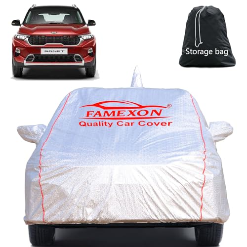 Image of Full Body Car Cover for Kia Sonet with Mirror and Antena Pocket Triple Stiched(Silver with Red Piping)