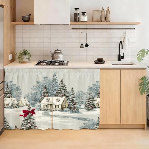 Image of Self Adhesive Vintage Cottage & Pine Cabinet Curtain for Mother's Day, 39x28 Inch Farmhouse Manor Under Sink Skirt No Drill, Spring Cleaning Kitchen Decor, Hook and Loop Laundry Valance