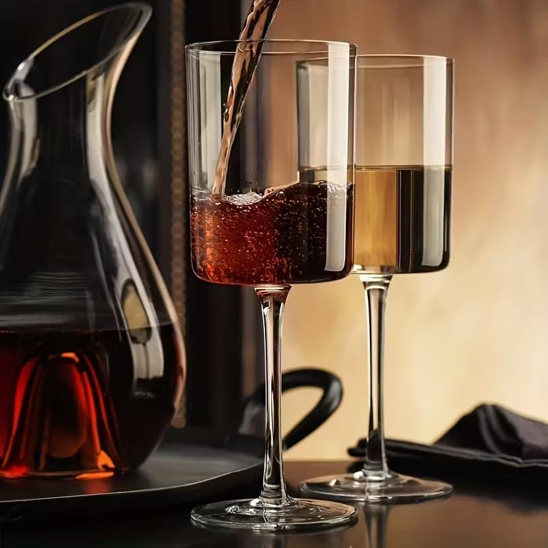 Image of PrimeWorld Modern Square Wine Glasses Set of 4 Pcs - 260 ml Crystal Stemmed Wine Glasses with Thin Laser-Cut Rim, Large Glasses for Red & White Wine, Dishwasher Safe