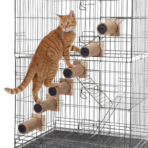 AceOrbit 6 Pcs Cat Cage Ladder Accessories Catio Indoor for Climbing Tree Steps Scratching Post Perches Sisal Hemp Shelf Wooden Ladder Furniture Inside with Install Screws (Cylindrical)