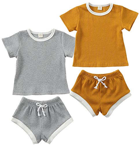Amuhou Unisex Baby Short Sleeve T-Shirts and Shorts Sets Stripe for Newborn Infant Toddler Boy Girls (Grey/Ginger Boy, 1-2T)