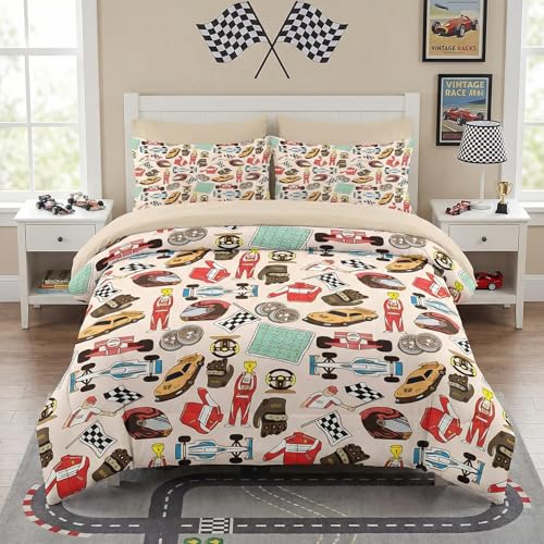 Pamnest Comforter Set Twin Size, Racing Car Competition 5 Pcs Bedding for Kids and Adults, Race Game Cute Wheel Bed Sheet Sets with Fitted Sheet Pillowcase & Sham for Bedroom Bed Decor