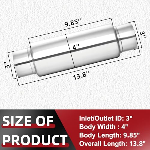 Image of LCGP 3 inch Inlet Universal Resonator Muffler, 3 inch Outlet 13.77 inch Overall Length Stainless Steel High Performance Muffler, Polished, Pass-Thru Design