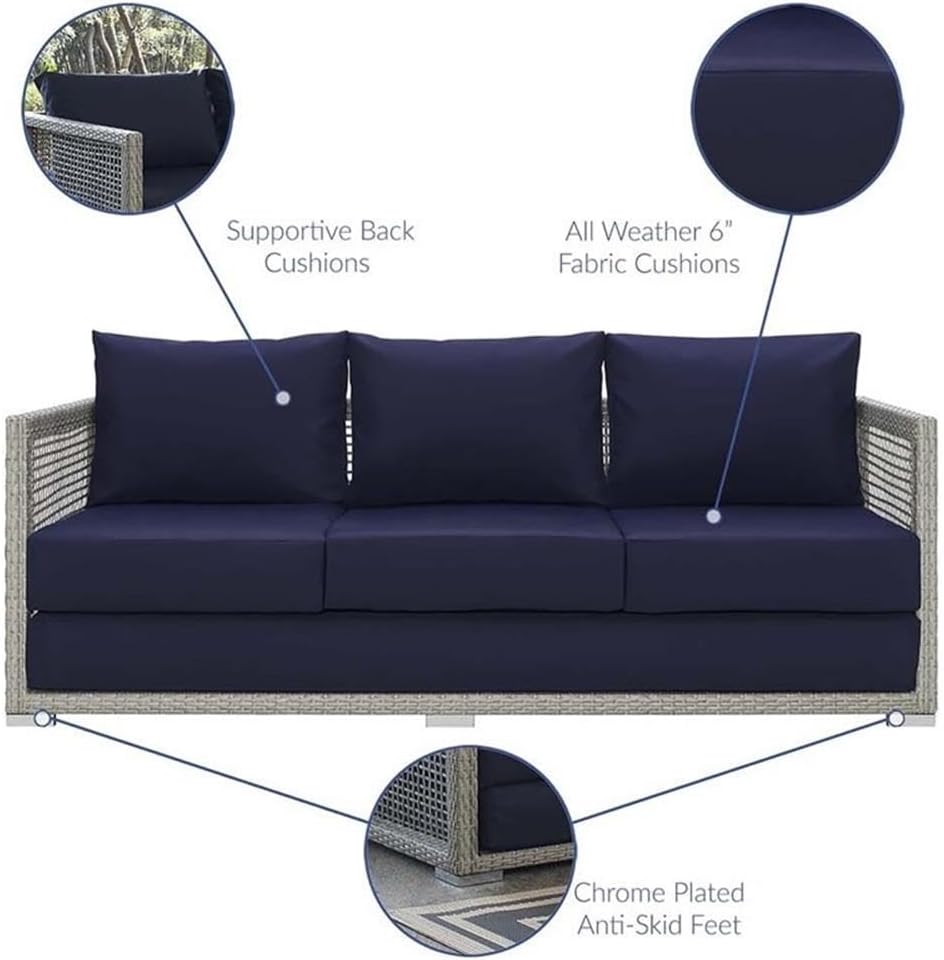 Pemberly Row Modern 75'' Rattan and Fabric Patio Sofa, Stylish Outdoor Seating Designed for Comfortable Social Use, Gray and Navy