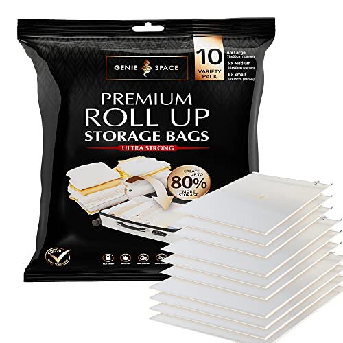 GENIE SPACE Roll-Up Storage Bags for Clothes, Travel Space Saver Bags, Airtight & Waterproof, No Pump Needed
