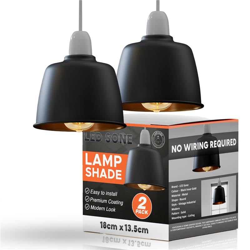2PCS Black Gold Inner Metal Ceiling Lamp Shade - Easy Fit Light Pendant - Modern Ceiling Lighting Shade for Bedroom, Hallway, Office, Café, Restaurant - Industrial Light Shade Hanging Pendant