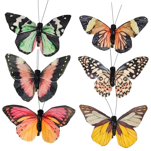 YCHTEWY - Mariposa de plumas para decoración de manualidades, juego de 12 con clip, 6 colores, para boda, hogar, maceta, fiesta de Navidad, primavera, decoración del hogar floral