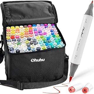Alcohol Brush Markers 120 Colours, Ohuhu Double Tipped (Brush & Fine Tip) Sketch Markers for Artist Art Markers for Adult Coloring and Illustration, Bonus 1 Blender