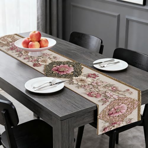 Image of Nuxovilar Pink Floral Table Runner Flax 13x72 in