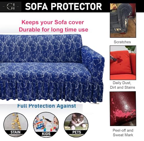 Image of Gifts Island Sofa Cover Set Marble Design 5 Seater Fully Covered Universal Polycotton Spandex with 360 Frill Non-Slip Sticky Elastic Stretchable Sofa Slipcover for Livingroom (Royal Blue)