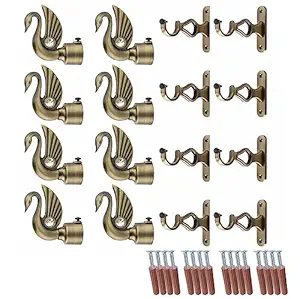 GLOXY Swan Bird Shape Aluminium Curtain Brackets for Curtain Designer Parda Holder with Support 1 Inch Curtains Rod Pocket Finials and Support Fittings for Door & Window(Antique-Set of 4)