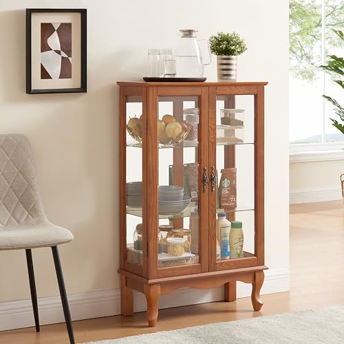 Image of 43 inch H Lighted Curio Cabinet Display Case with Light Bulb, Glass Curio Cabinet with Adjustable Shelves & Tempered Glass Door, Wooden Cabinets w /Mirrored Back Pane for Living Room(Oak)