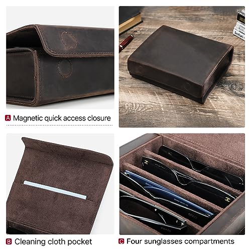 Image of CONTACTS Genuine Leather Sunglasses Travel Case Hard Eyeglasses Box Vintage Eyewear Holder Travel Accessories