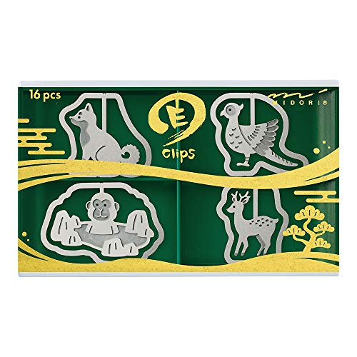 Designphil Clips de grabado, diseño de animales japoneses: Shiba Inu, faisán, mono, ciervo, acero inoxidable, ABS + poliestireno, verde, 9,1 x 1,8 cm, 16 piezas (4 tipos x 4), capacidad para hasta 10