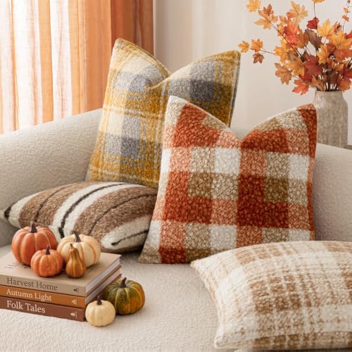 Image of Foindtower Pack of 2 Soft Faux Fur Boucle Throw Decorative Pillow Covers Fuzzy Accent Check Cushion Sherpa Boho Farmhouse Pillowcase for Couch Sofa Bed Living Room Home Decor 20x20 Inch,Amber and Blue