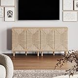 Picture of Nathan James Beacon Boho TV Stand, Free Standing Kitchen Cabinet Storage with Adjustable Interior Shelf and Seagrass Accent, Seagrass/Raw Oak, Set of 2