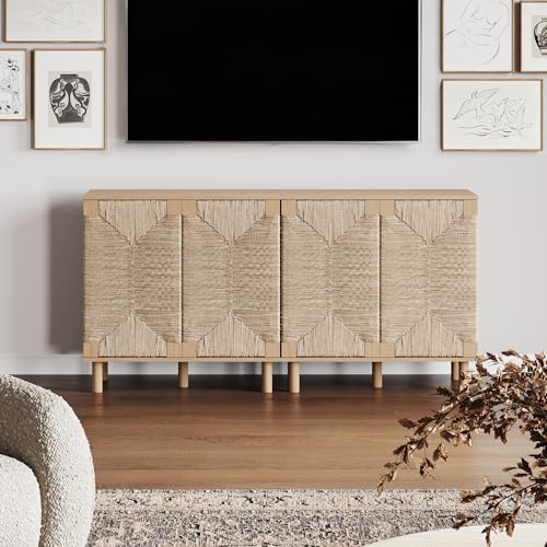 Image of Nathan James Beacon Boho TV Stand, Free Standing Kitchen Cabinet Storage with Adjustable Interior Shelf and Seagrass Accent, Seagrass /Raw Oak, Set of 2