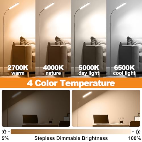 Image of marctronic Grey LED Floor Lamp, 18W 1800LM Bright Floor Lamps with Remote & Works with Smart Plug, Dimmable Timing Eye Caring Reading Light Modern Standing Floor Lamp for Living Room Bedroom Office