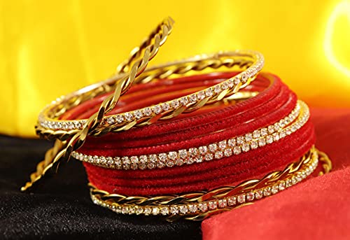 Image of NMII Gold Plated Metal Velvet Bangles Set For Women & Girls with Zircon Gemstone Studded | Traditional Women's Bangles | Designer Gold Bangles | Fashion Jewellery- Set of 28
