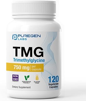 Puregen Labs TMG 750 mg [High Potency] Trimethylglycine Supplement Supports Normal Homocysteine Metabolism, Non-GMO, NO Gluten and Dairy - 120 Vegetarian Capsules