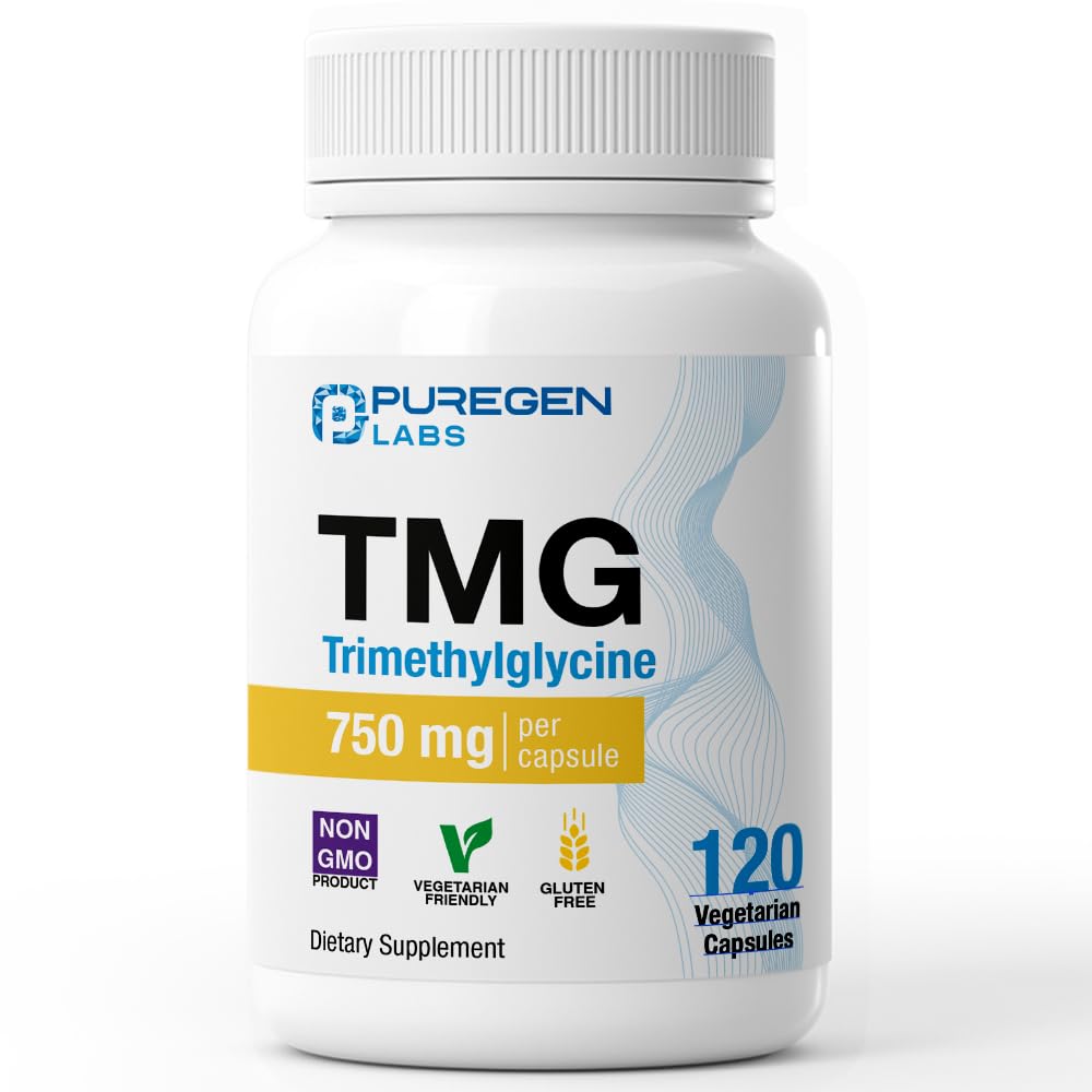 Puregen Labs TMG 750 mg – [High Potency] Trimethylglycine Supplement – Supports Normal Homocysteine Metabolism, Non-GMO, NO Gluten and Dairy - 120 Vegetarian Capsules