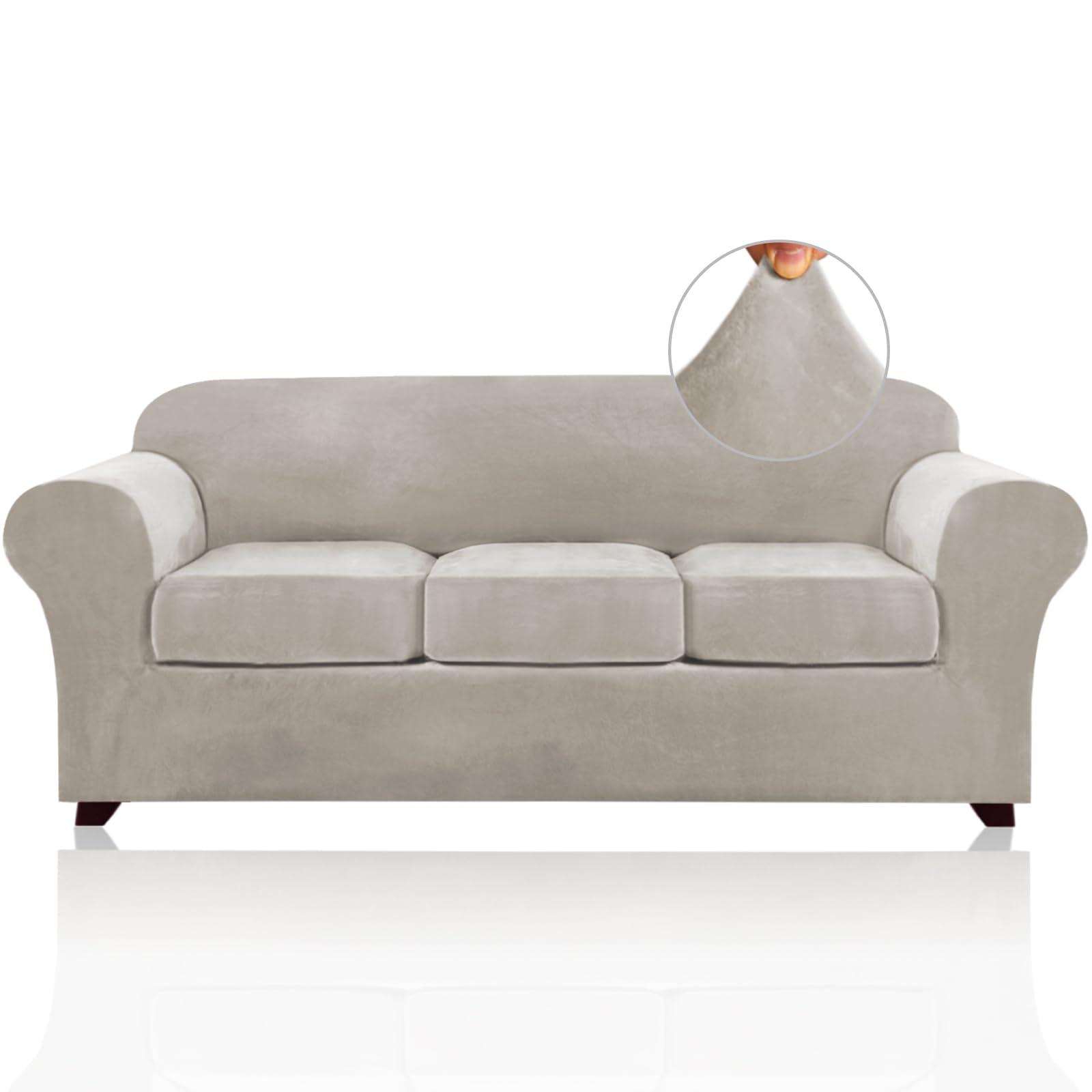 4 Pieces Sofa Covers Stretch Velvet Couch Covers for 3 Cushion Sofa Slipcovers Soft Sofa Slip Covers Furniture Covers with 3 Individual Seat Cushion Covers, Machine Washable (Large, Oatmeal)