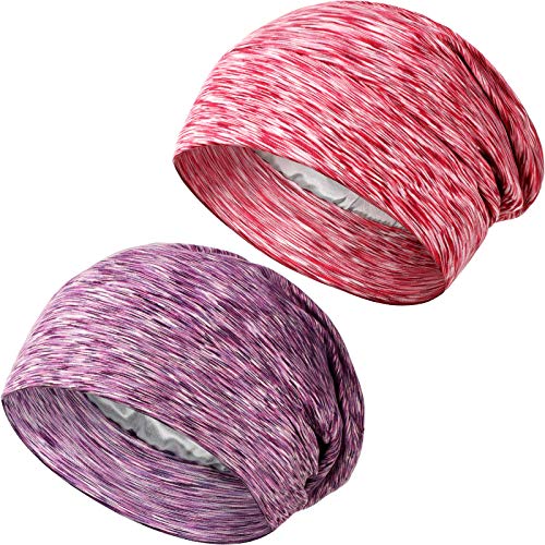 2 Pieces Satin Lined Sleep Caps Hair Cover Bonnets Adjustable Silk Lined Slouchy Beanies Sleeping Caps for Night Sleeping (Wine Red, Purple,25 cm)