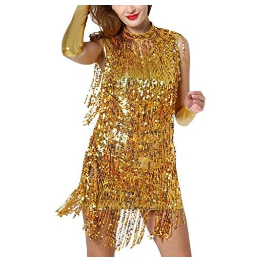 IMJONO Danse Vetement Femme Pas Cher A La Mode Robe Femme Danse Latine Accrocher Le Cou Robe à Paillette Gland Danse Jupe Latin Danse Costume 7 Couleurs（Or,M