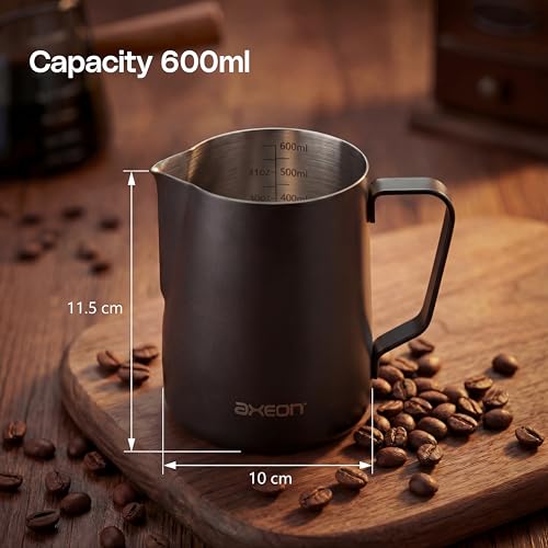 Image of Axeon Stainless Steel Milk Frothing Pitcher 600ml / 20oz | Espresso Milk Frother Jug with Internal Scale & Matte Coating | V-Spout for Latte Art | Barista Steam Jug for Cappuccino & Coffee, Black