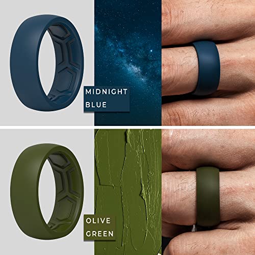 Thunderfit Silicone Rings For Men - 4 Rings Breathable Patterned Design Wedding Bands 8.7Mm (Black, Dark Blue, Olive, Dark Grey, 8.5-9 (18.9Mm)) #TOP3