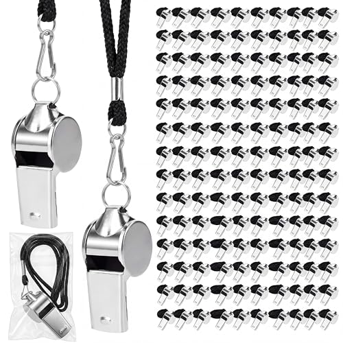 Kingdder 100 Pcs Stainless Steel Sport Whistles Bulk with Lanyard & Clip Individually Wrapped Pre-Assembled Loud Metal Coach Referee Whistle for Teachers Soccer Police Emergency (Black)