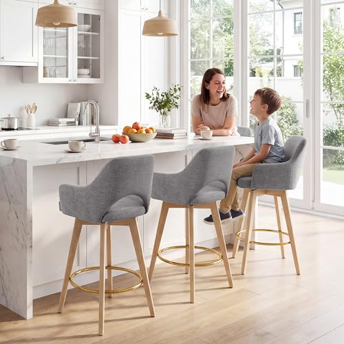 Image of Zesthouse Swivel Counter Stools Set of 2, Wooden Counter Height Bar Stools with Back & Arm, Upholstered Linen Fabric Barstools with Solid Wood Leg & Gold Footrest, Grey High Chairs for Kitchen Island