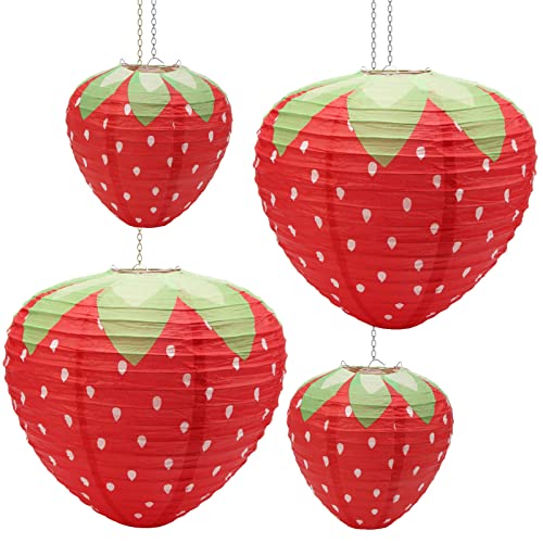 4Pcs Windspeed Large Strawberry Paper Lanterns - 3D Hanging Decor for Birthday Party Decorations, 8 Inch, 12 Inch (Red)