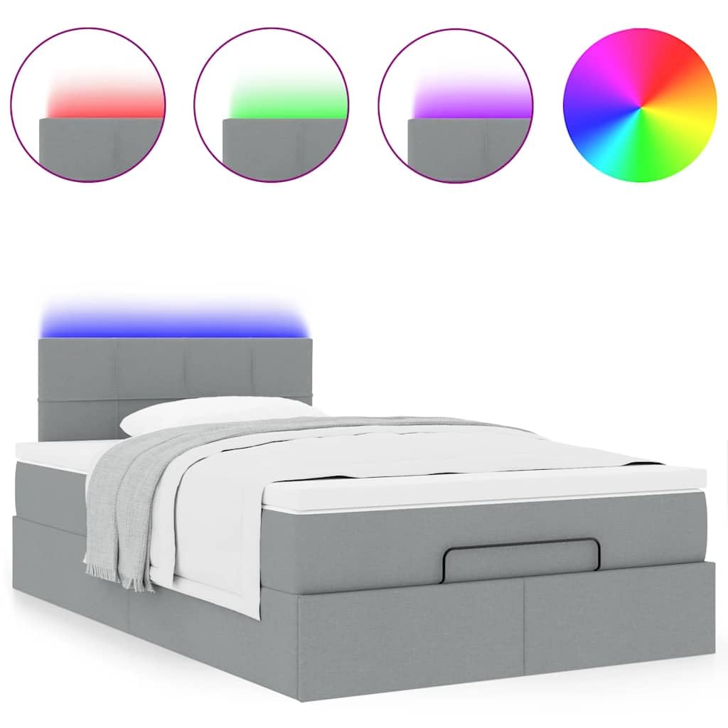 Pouf letto con materasso in tessuto grigio chiaro 120x200 cm con contenitore e LED regolabili per spazio soggiorno camera ospite