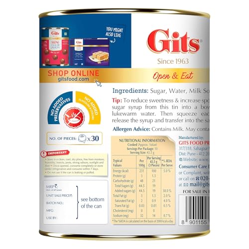 Image of Gits Open & Eat Mini Rasgulla, 30 Pieces Per Can, Authentic Bengali Sweet, 1Kg (Pack of 3)
