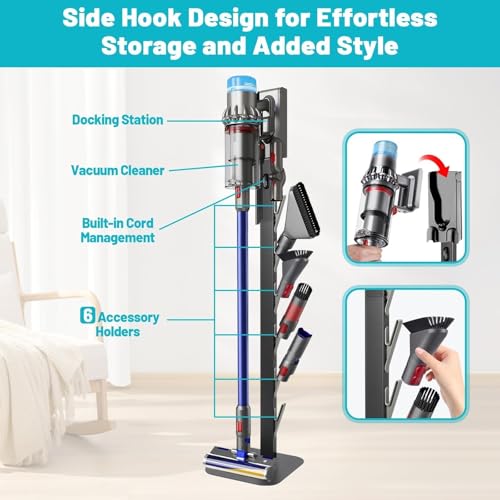 Vacuum Stand Holder for Dyson Gen5 V8 V15 V12 V11 V10 V7 V6, Metal Floor Docking Station with Built-in Cord Management, Storage Bracket Organizer with 6 Hooks for Cordless Vacuum Cleaner & Accessories - Thumbnail 6