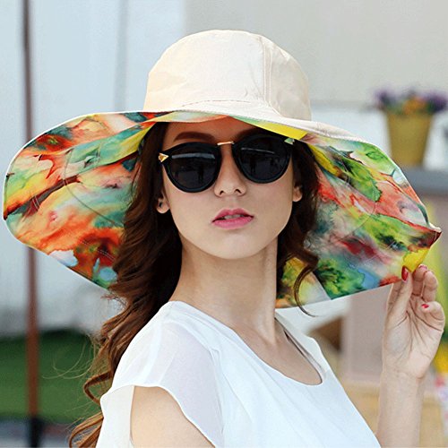 Large Brim Floral Reversible Sun Hat Outdoor Travel Foldable Floppy Beach Hat Khaki #TOP7