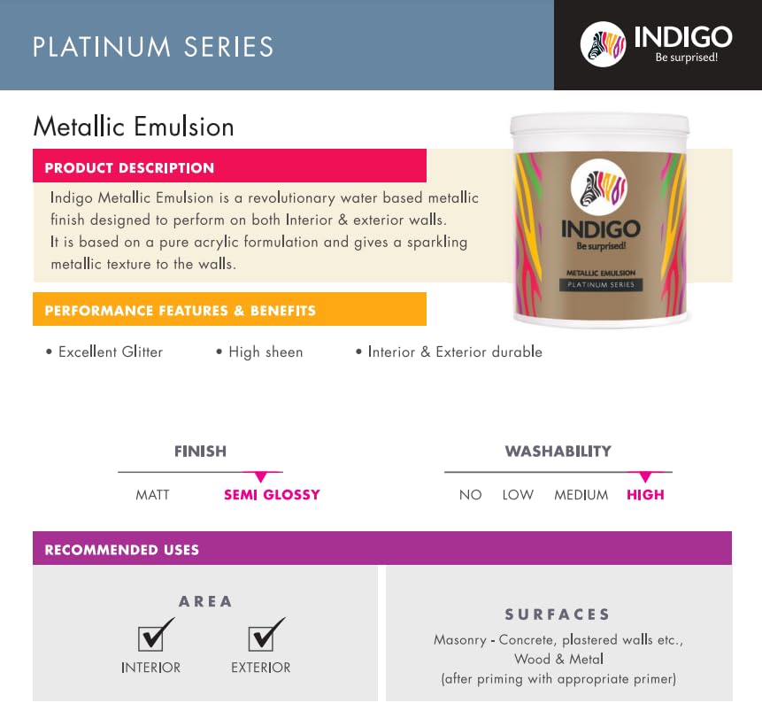 Image of Indigo Metallic Emulsion Platinum Series - Sparkling Metallic Texture Wall Paint | Water-Based | Anti-Fungal & Algae Resistant | Interior & Exterior Use 500 ml Fire Red