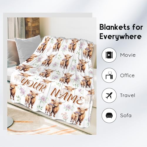 Custom Highland Cow Blanket for Women, Cozy Soft Throw Gifts, Cute White Flannel Throw Blankets for Couch Office, 60x80 Inches