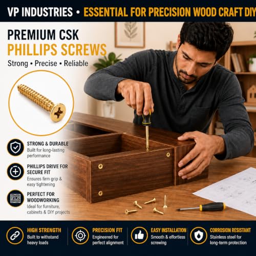 Image of By inchVP INDUSTRIES inch (Pcs-50) No.8x32 mm CSK Phillips Head Self-Tapping Screw - Brass Gold Finish, Star Slot, Philips Drive for Wood, Plywood & Plasterboards