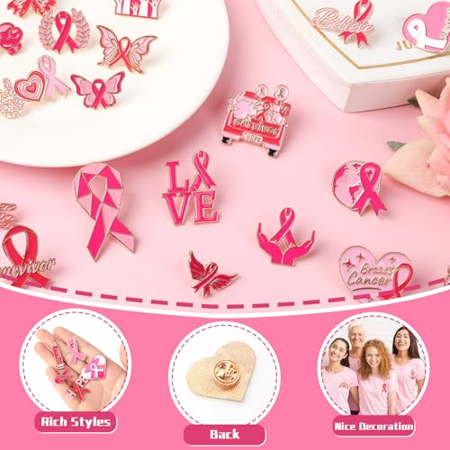 SANNIX 60Pcs Breast Cancer Pins, Breast Cancer Awareness Lapel Pins Pink Ribbon Brooch Badge Pins for Breast Cancer Survivor Month Charity Event, 30 Styles3